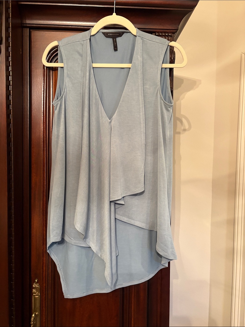 BCBGMaxAzria Soft Blue Asymmetric Draped Sleeveless Blouse